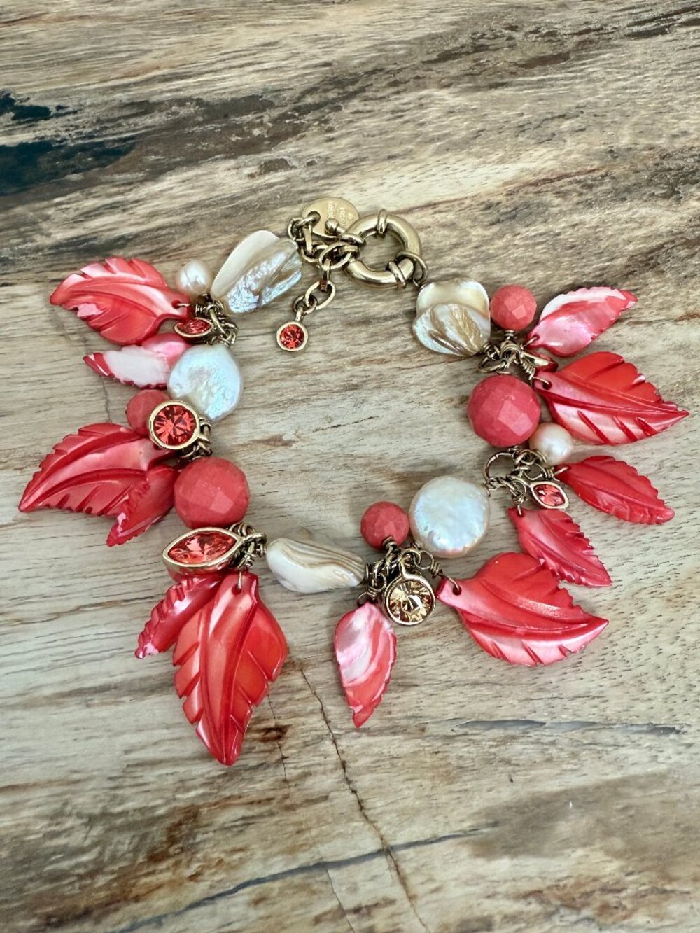 Dyrberg/Kern Nobelia Mother of Pearl and Swarovski leaf bracelet in Coral